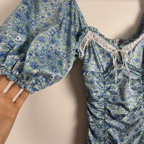 For Love & Lemons Blue Floral Alana Ruched Mini Dress | Bodycon Puff Sleeves - Picture 9 of 11